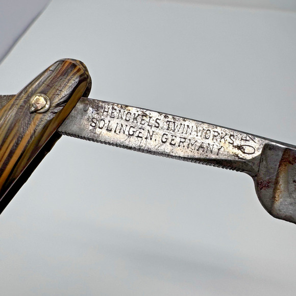 Vintage J.A. Henckels Twin Works Straight Razor Solingen Germany Wood Grain Hand - Picture 2 of 11